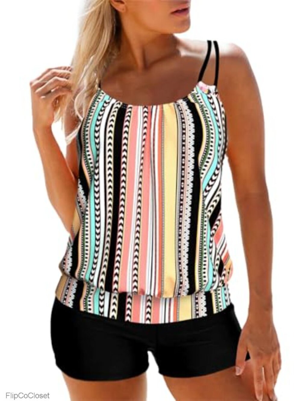 Tummy Control Tankini Swimsuit Set with Boyshorts High Waist Adjustable Straps
